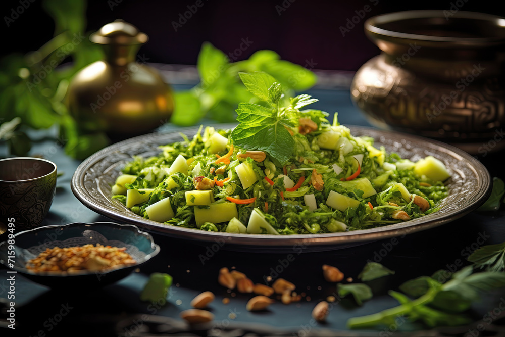 Fresh and Flavorful Burmese Salad with Leaves of Green Tea, Zucchini Noodles, Pine Nuts, and Chilli Peppers. A health-boosting culinary delight!