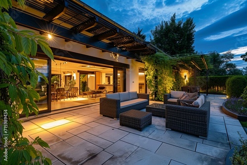 Summer evening on the terrace of beautiful suburban house with patio with wicker furniture and lights photo