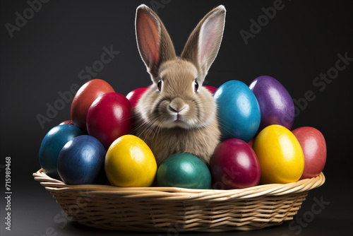 A bunny sits in a basket with Easter eggs © Anna Baranova
