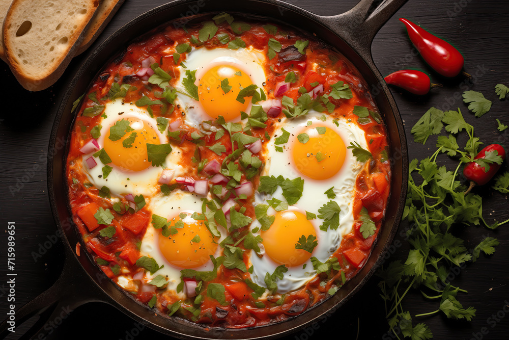 A delicious, eye-catching image of shakshuka cooking in a cast iron skillet. The eggs are poached in a sauce of tomatoes, chili peppers, and onions, sprinkled with fresh herbs. A delicious, eye-catching image of shakshuka cooking in a cast iron skillet. The eggs are poached in a sauce of tomatoes, chili peppers, and onions, sprinkled with fresh herbs.
