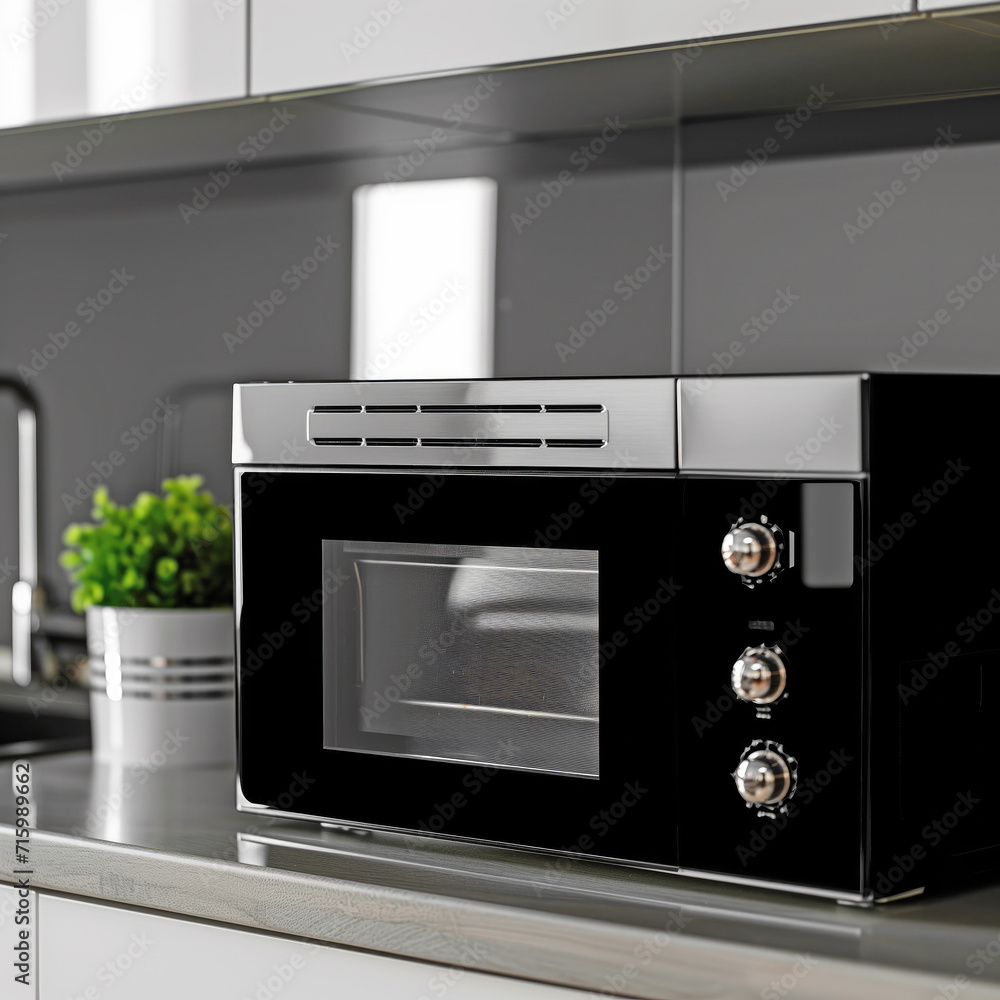 Fototapeta premium A clean and modern kitchen with a sleek black oven, reflecting the contemporary aesthetic.