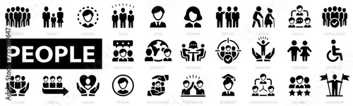 People icon set. User icon. Group, family, human, team, community, friends, population, senior, queue, diversity, audience and more. Vector illustration