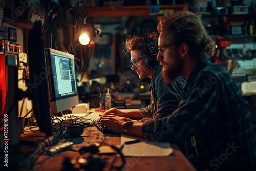 Two Caucasian Male Tech Startup Founders Using Old Desktop Computer In Retro Garage In The Evening. Software Developer And User Experience Designer Starting New E-commerce Business In Nineties