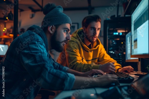 Two Caucasian Male Tech Startup Founders Using Old Desktop Computer In Retro Garage In The Evening. Software Developer And User Experience Designer Starting New E-commerce Business In Nineties photo