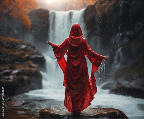 woman in red dress praying, Picture from the back of a woman in a red hood raise both arm and standing on rock in waterfall. Large amounts of water flowed strongly