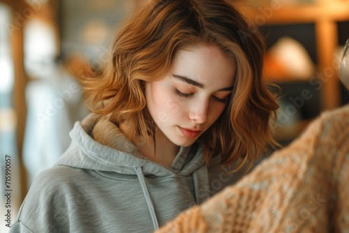 Focused shopper: Serene atmosphere in a well-lit room