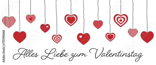 Alles Liebe zum Valentinstag - Schriftzug in deutscher Sprache. Grußkarte mit hängenden Herzen.