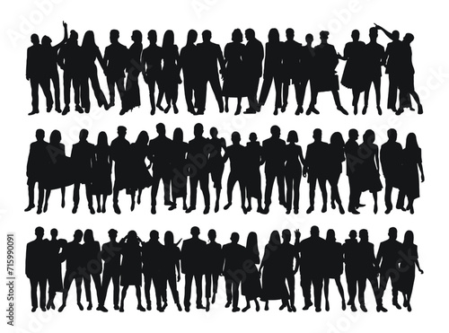 Set black silhouette of young couples of guys and girls, crowd, group, team, band, isolated vector