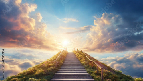 stairway to heaven, Stairway Leading Up To Heavenly Sky Toward The Light., real . Perfect composition, beautiful detailed , 8k photography, photorealistic , soft natural perfect light