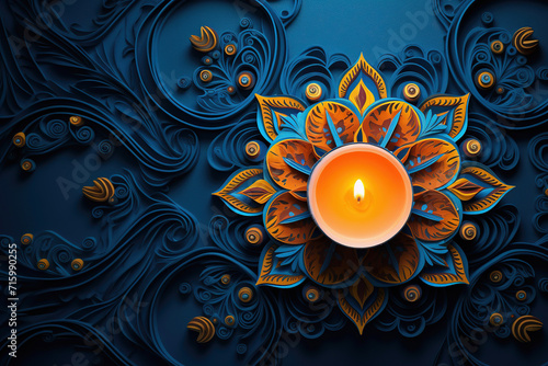 Top view of beautiful burning candle. Diwali background. Top view of oil lamp with blue background