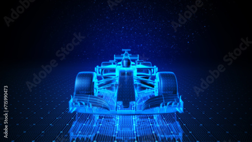 3D Wireframe Illustration of Formula One Car With Orange Blue Background