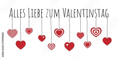 Alles Liebe zum Valentinstag - Schriftzug in deutscher Sprache. Grußkarte mit roten Herzen.