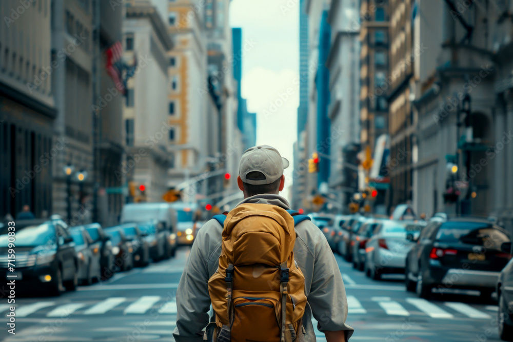 A solitary figure with a backpack stands at a bustling city crosswalk.
