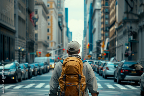 A solitary figure with a backpack stands at a bustling city crosswalk. © Konstiantyn Zapylaie