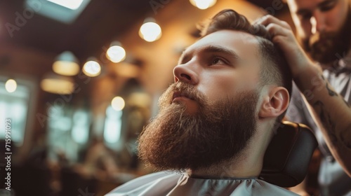man with a big beard getting a haircut in a barbershop with a professional barber in a nice salon with good lighting