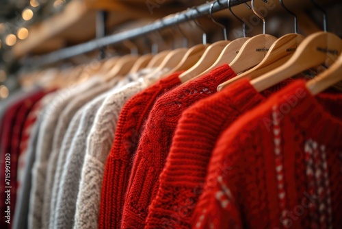 Winter fashion on display: A vivid red sweater shines amid a range of textured, earth-toned knits, ready for the colder months. photo