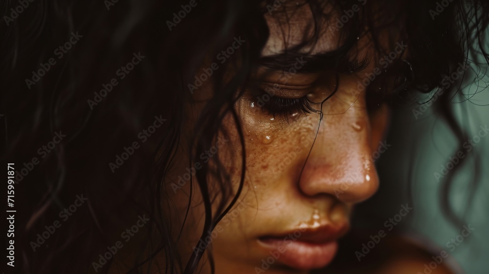 A vulnerable woman's face glistens with water droplets, highlighting the delicate curves of her skin and the individual lashes of her eyes, while her expressive eyebrows and full lips convey a sense 