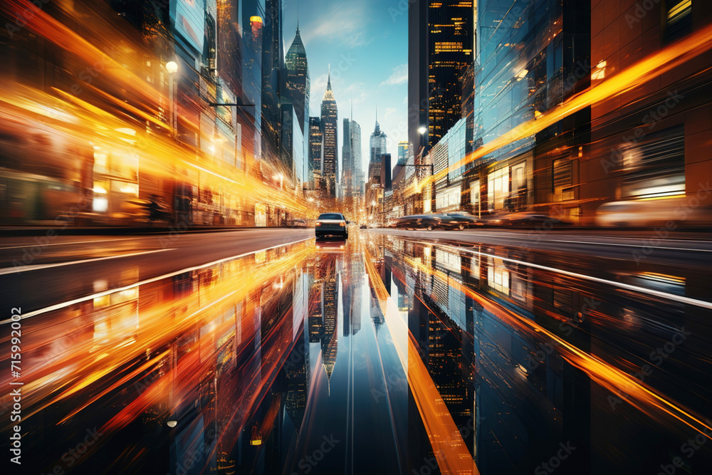 Abstract car in Motion Speed Light in City. Fast moving car with Shining Glowing Urban Cityscape Lights