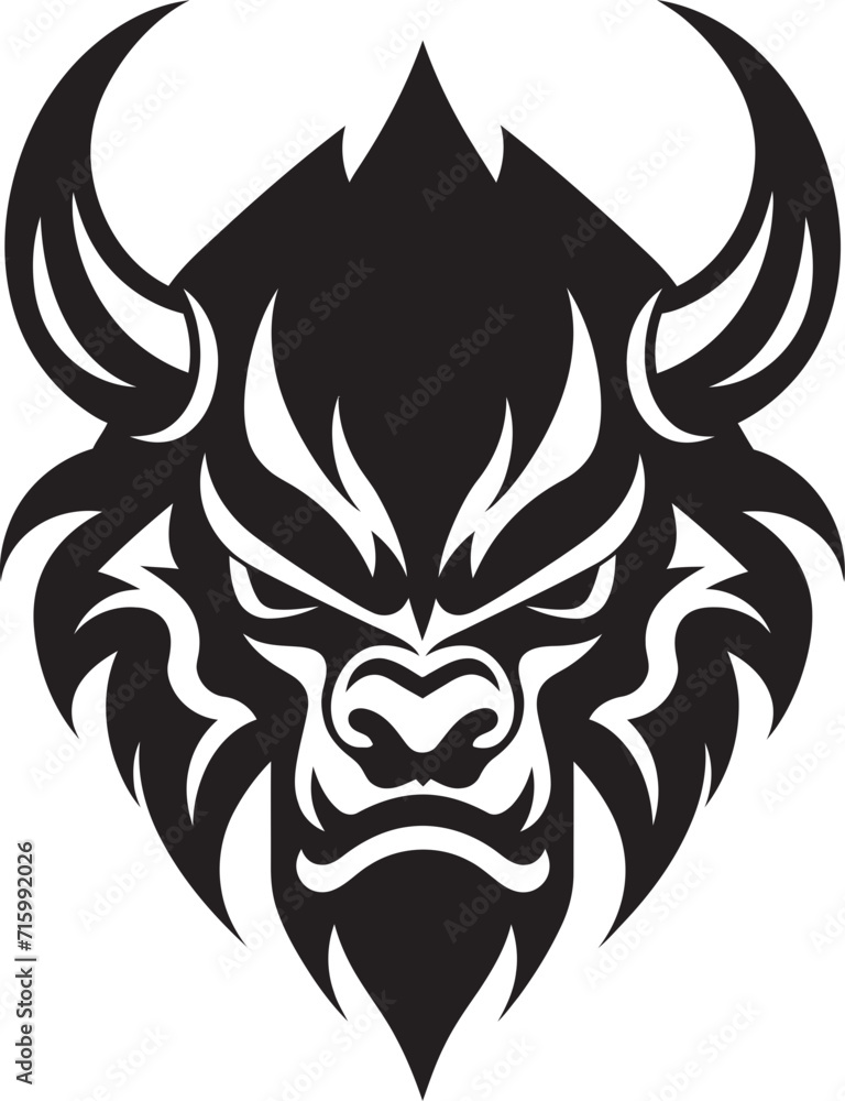 Eerie Oni Profile Intricate Vector Illustration in Noir Black Modern Oni Mask Stylish Black Logo with a Touch of Mystery