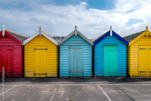 Colored bathing cabins on a beach. Beach huts or bathing houses on the beach with blue sky background. Beach huts or bathing houses on the beach with blue sky background. © Nataliia_Trushchenko