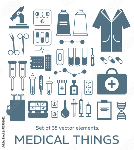Poster "Medical items" on a white background. Image of elements of medical equipment. Vector set of medical icons.