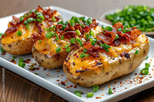 Closeup three baked potatoes stuffed with bacon  green onions and cheddar cheese on white plate  delicious snack