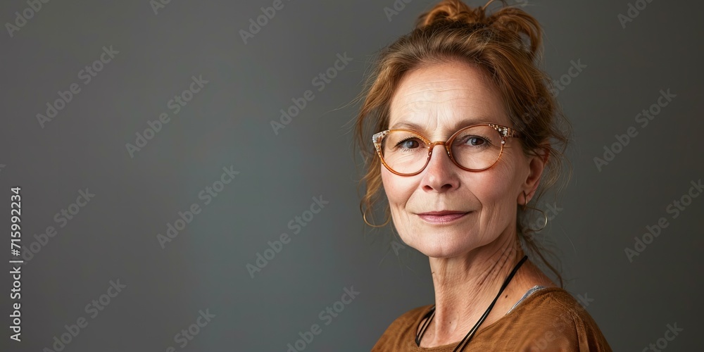 portrait of a mature, middle-aged woman wearing glasses, subtle smile, isolated on grey background, copy space
 - obrazy, fototapety, plakaty 