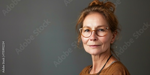 portrait of a mature, middle-aged woman wearing glasses, subtle smile, isolated on grey background, copy space 