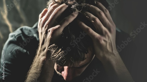 A distressed man grasps his forehead, his worried expression etched into his skin as he contemplates the weight on his mind photo