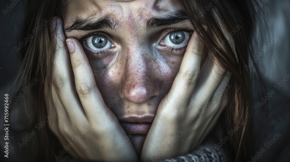 An intimate portrayal of a troubled woman, her hands framing her delicate face as every wrinkle and eyelash speaks volumes of her humanity and inner turmoil