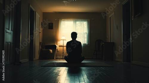 A solitary figure stands in the dimly lit room, their silhouette cast against the wall as they contemplate the interior design of their house, the clothing they wear reflecting the moody lighting fro