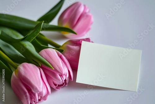 Wallpaper Mural Bouquet of pink tulips with greeting card on white background Torontodigital.ca