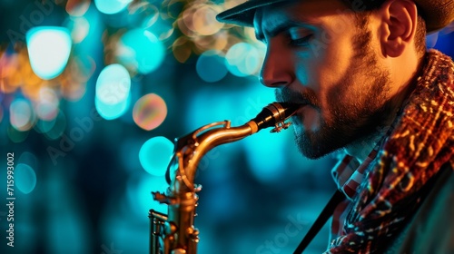 A talented jazz musician captivates the audience with his smooth saxophone melodies, effortlessly playing each note with passion and style while donning a stylish hat on stage photo