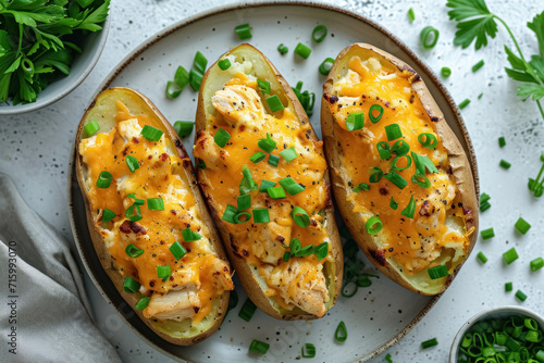 Fototapeta Three whole baked potatoes in jacket topped with chicken, green onions and chedd