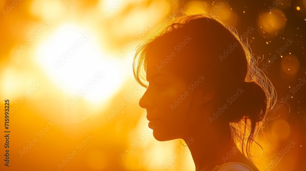 Capturing the warmth and radiance of the sun, this portrait showcases a woman's serene and ethereal beauty, illuminated by the soft amber backlighting Capturing the warmth and radiance of the sun, this portrait showcases a woman's serene and ethereal beauty, illuminated by the soft amber backlighting