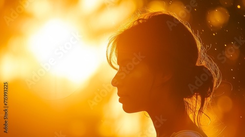 Capturing the warmth and radiance of the sun, this portrait showcases a woman's serene and ethereal beauty, illuminated by the soft amber backlighting