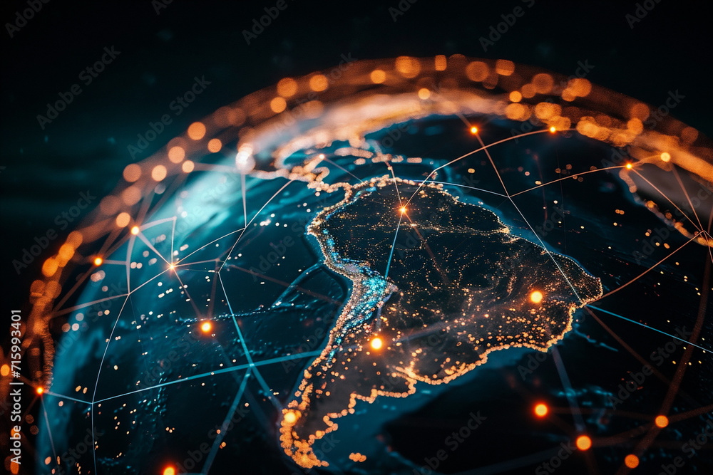 World map with glowing lines and city lights. Global network connections. - obrazy, fototapety, plakaty 