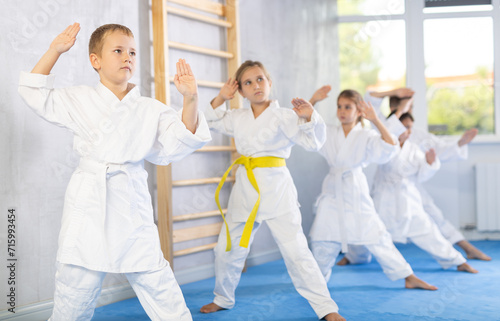 Kids are dedicated to their martial arts training, diligently working on their stances and techniques every day.