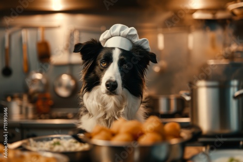 An adorable dog in a chef hat brings joy and delicious treats to the kitchen as they cook up a storm with their canine culinary skills