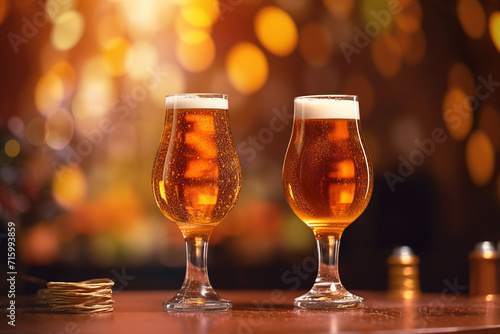 Two glasses of beer with a blurred background.