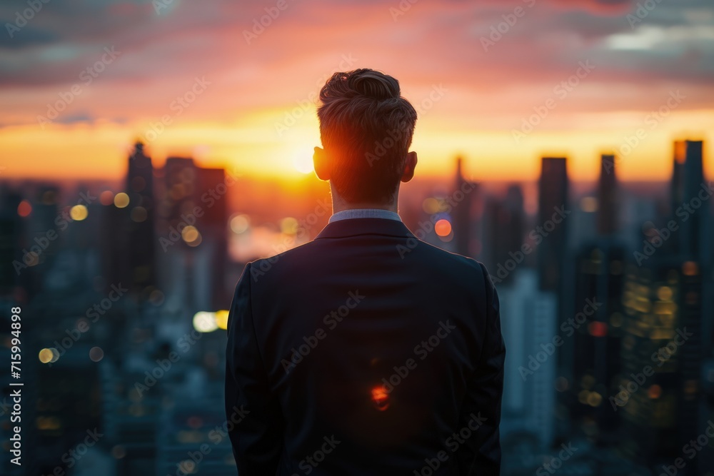 Man Standing in Front of City at Sunset