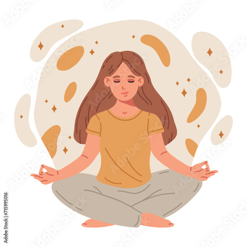 Female sitting in yoga lotus pose. Meditating tranquil woman, meditation and breath exercise. Stress relief and relaxation flat vector illustration