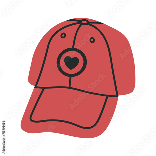 Red baseball cap. Textile sport headwear, hand drawn baseball cap flat vector illustration. Unisex fashion accessory