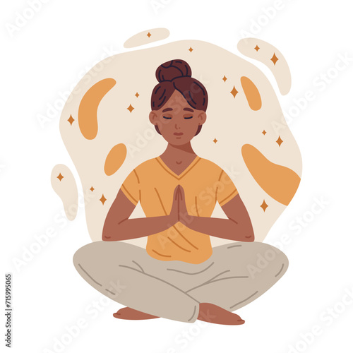 Meditating tranquil woman. Meditation and breath exercise, woman meditating in yoga lotus pose, wellness and tranquility flat vector illustration. Meditating female character