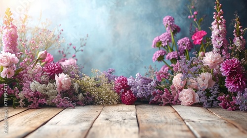 A wooden table showcasing a plethora of vibrant flowers arranged neatly.