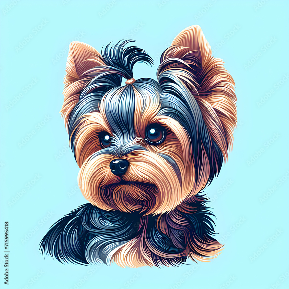Portrait of a Cute Stylized Yorkshire Terrier Isolated on Soft Blue Background