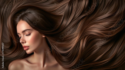 Luxurious Flowing Hair, A Woman with Beautiful and Shiny Brunette Waves