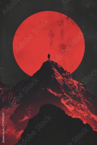 A solitary figure gazes at the fiery red moon above, atop a majestic mountain peak surrounded by the untamed beauty of a volcanic landscape