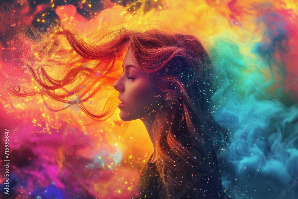 Vibrant brushstrokes bring to life a bold and expressive woman, her colorful hair a reflection of her artistic soul Vibrant brushstrokes bring to life a bold and expressive woman, her colorful hair a reflection of her artistic soul