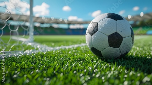 soccer ball on grass, a soccer ball sitting on top of a lush green field in front of a soccer goal in a stadium